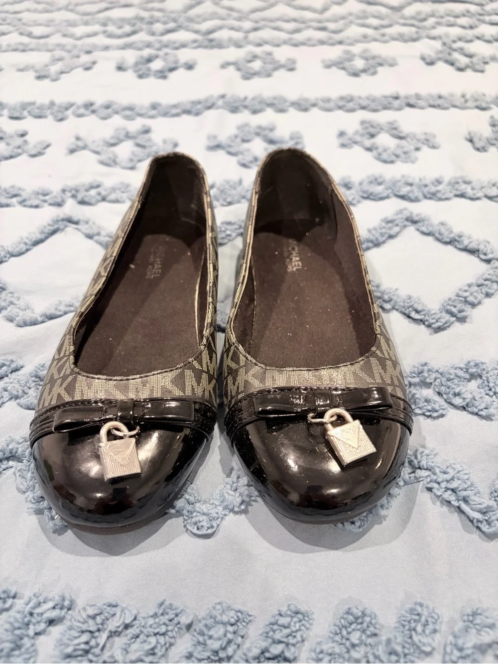 Michael Kors Black Logo Ballet Flats with Silver Lock Accent